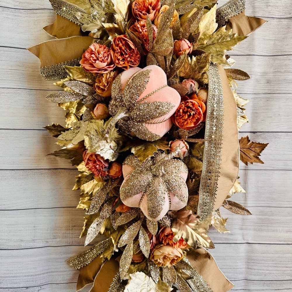 Elegant Fall Floral Swag with Pumpkins